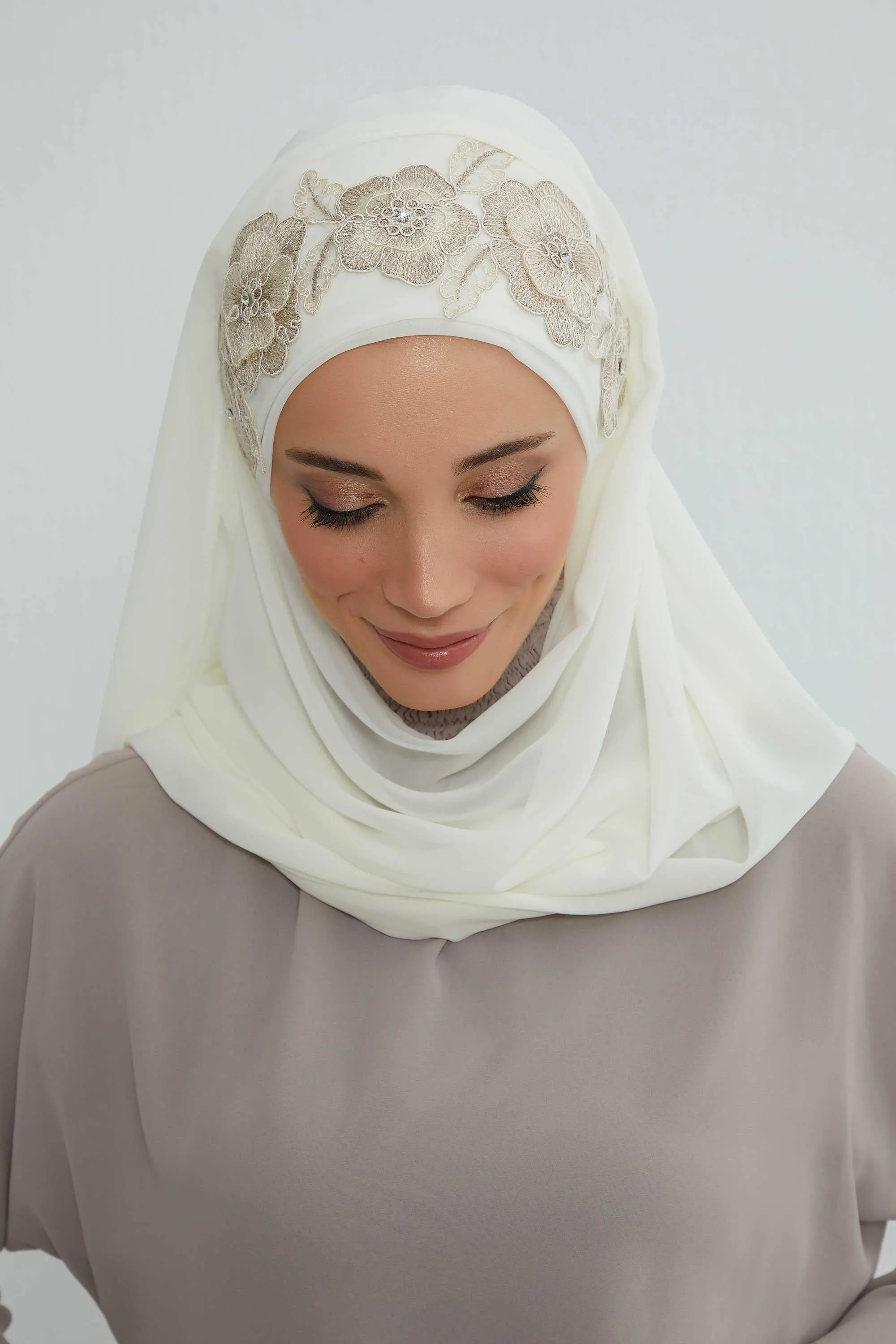 Instant Chiffon Shawl with Elegant Flower Accessories Evening Hijab Ready To Wear Modesty Turban Cap,CPS-101