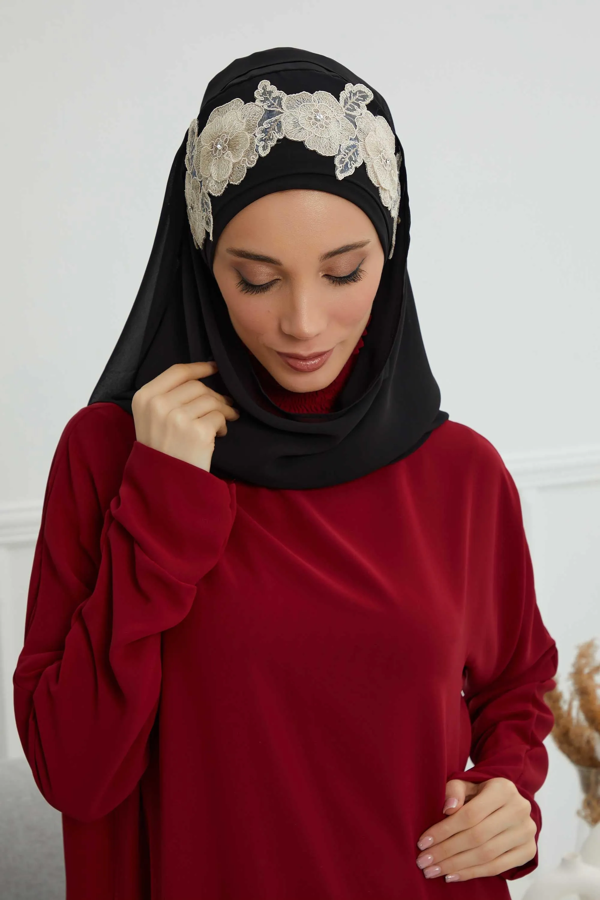 Instant Chiffon Shawl with Elegant Flower Accessories Evening Hijab Ready To Wear Modesty Turban Cap,CPS-101