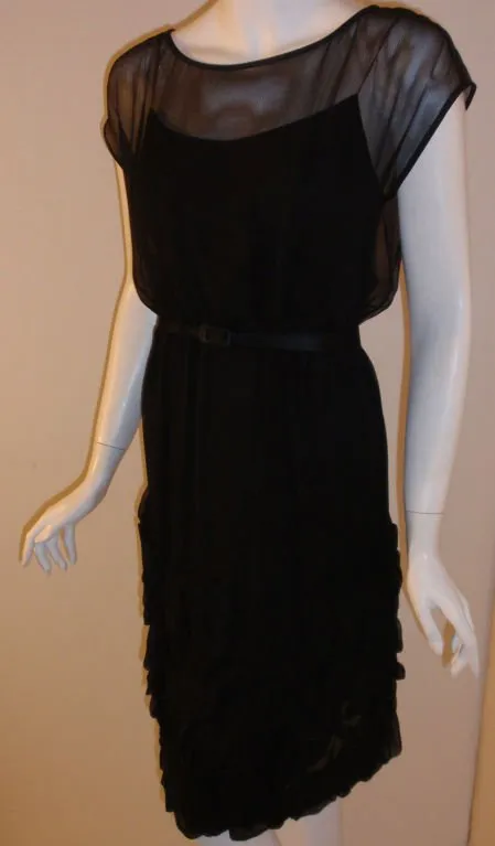 JAMES GALANOS 1960s Black Chiffon Cocktail Dress with Ruffles