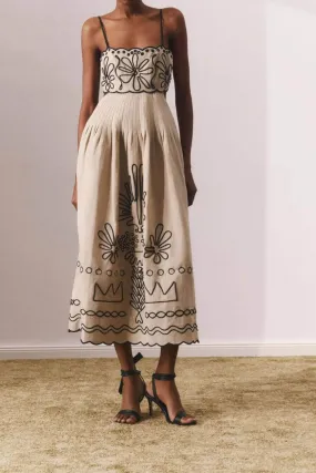 Jamie Embroidered Holiday Midi Dress in Beige - Luxe Collection