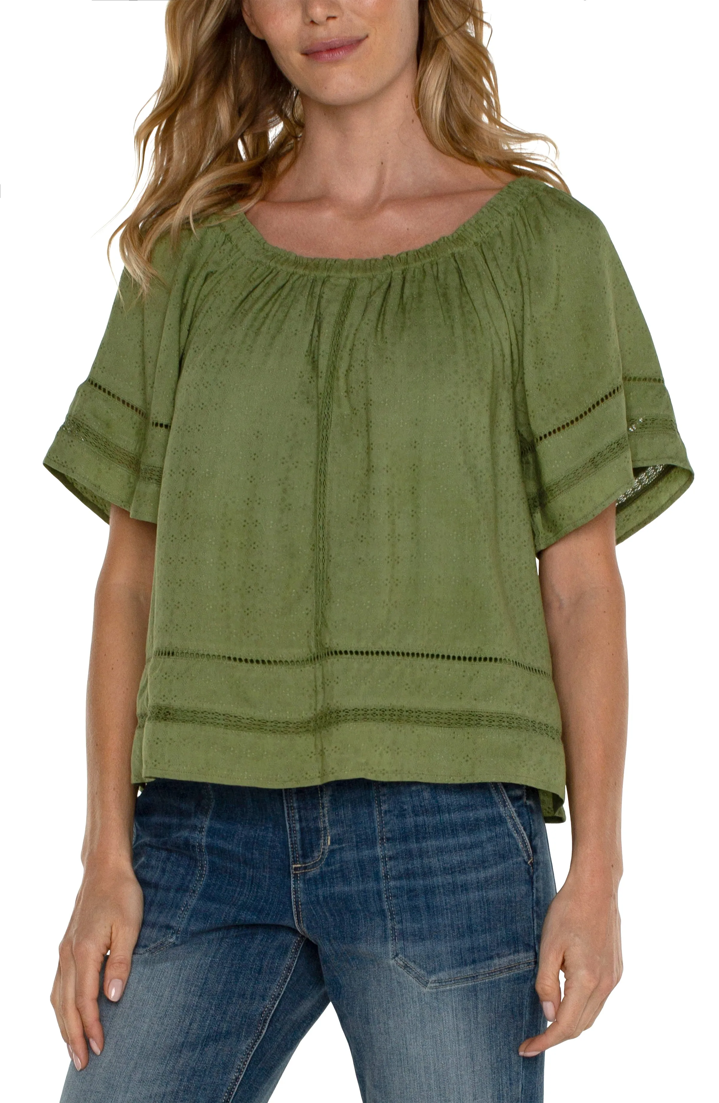 Liverpool Cropped Bell Sleeve Woven Top with Lace Trim (Eucalyptus)