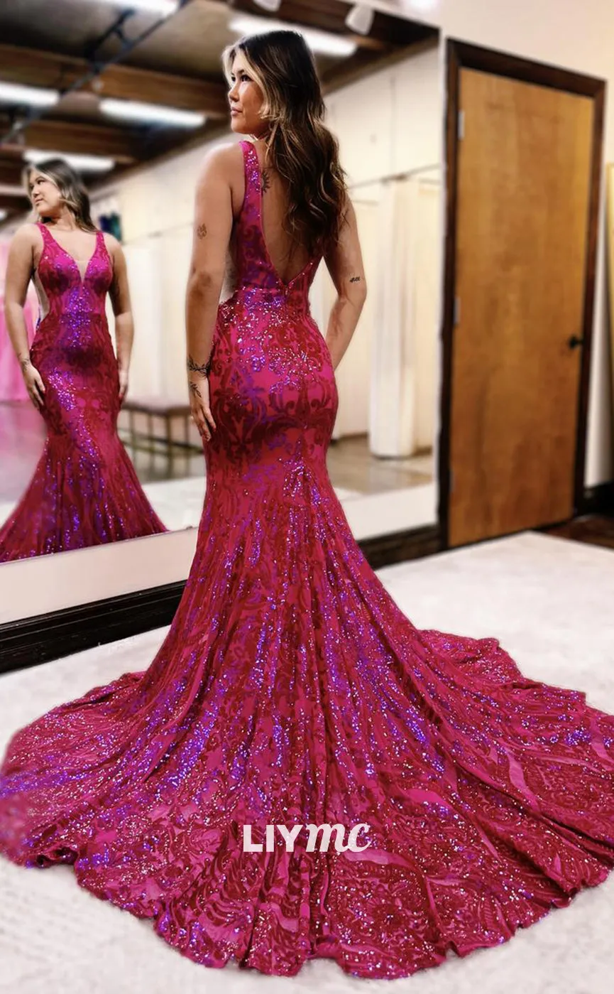 LP1020 - Plunging V Neck Lace Mermaid Formal Prom Dress