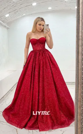 LP1092 - A Line Sweetheart Red Sparkly Formal Prom Dress