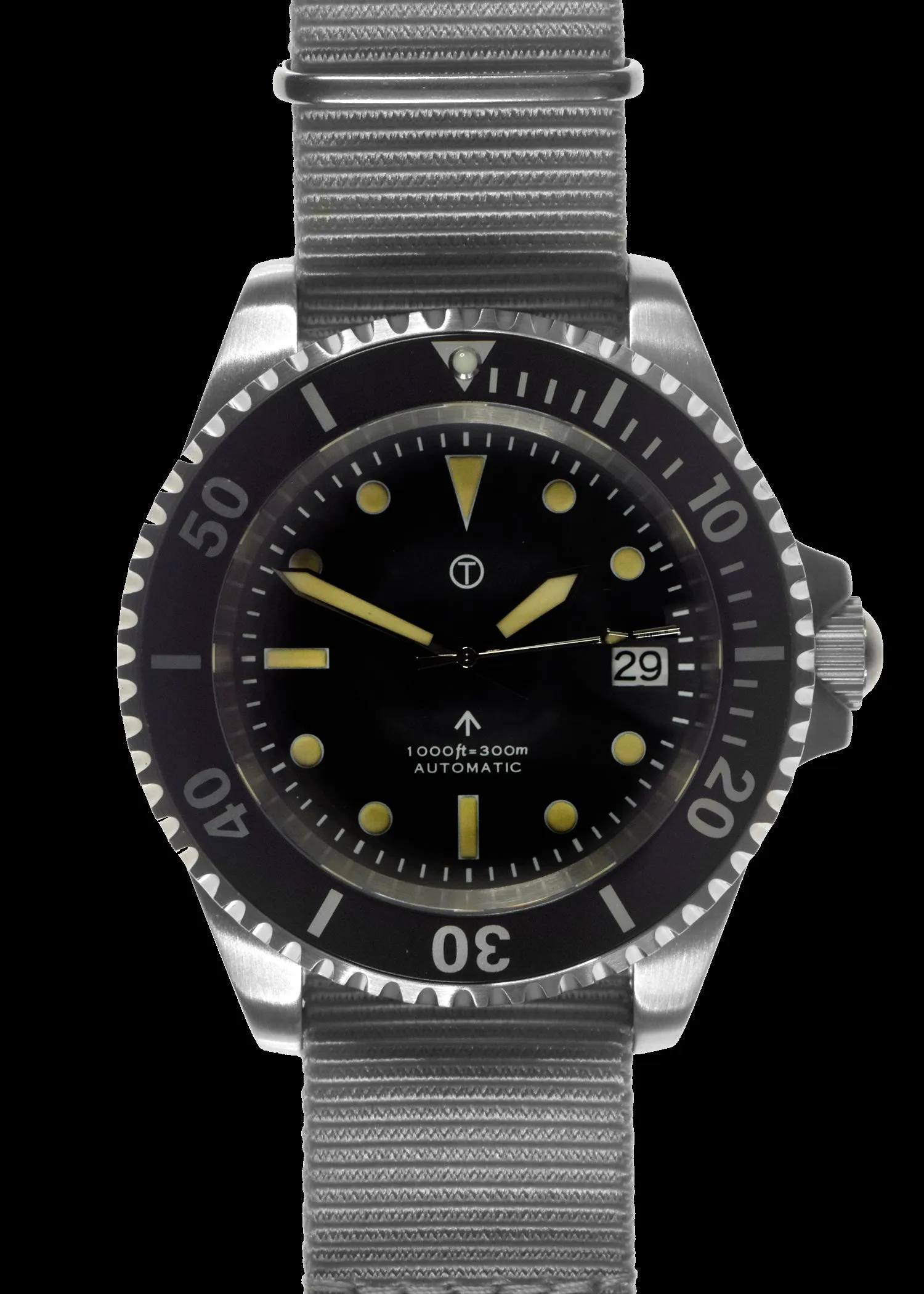 MWC 21 Jewel 1980s Pattern 300m Automatic Military Divers Watch with Sapphire Crystal and a Black and a Grey NATO Strap