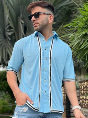 Oversized Half Sleeve Sky Blue Striped Knitted Shirt