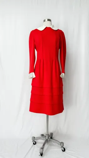 Vintage 60’s Red Wool & Silk Trim Collar & Bow Dress (M)